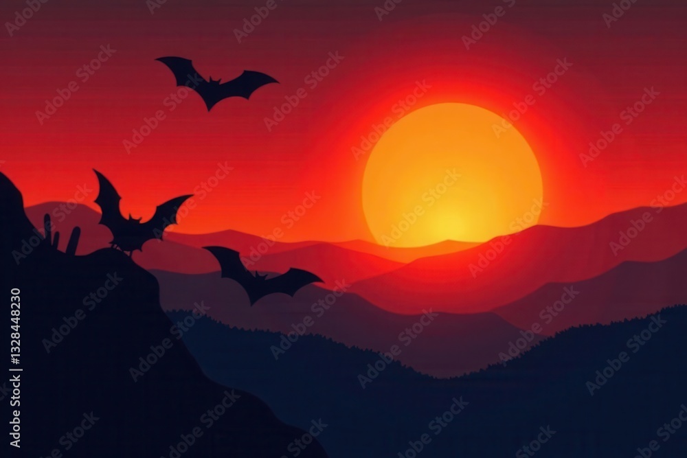 Silhouetted bats against fiery orange sunset hills, darkness, hills, october Silhouetted bats against fiery orange sunset hills, darkness, hills, october