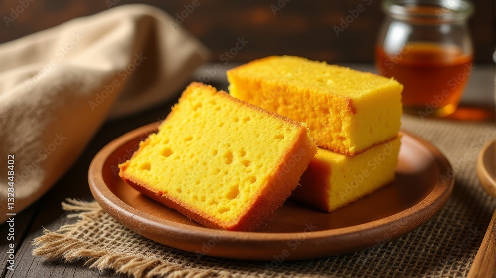 Golden Baked Cornbread Squares on Wooden Plate with Honey Jar Rustic Scene Golden Baked Cornbread Squares on Wooden Plate with Honey Jar Rustic Scene