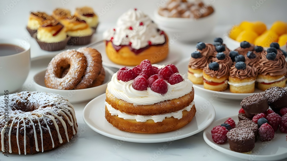 Set of breakfast food or bakerycake on table Set of breakfast food or bakerycake on table
