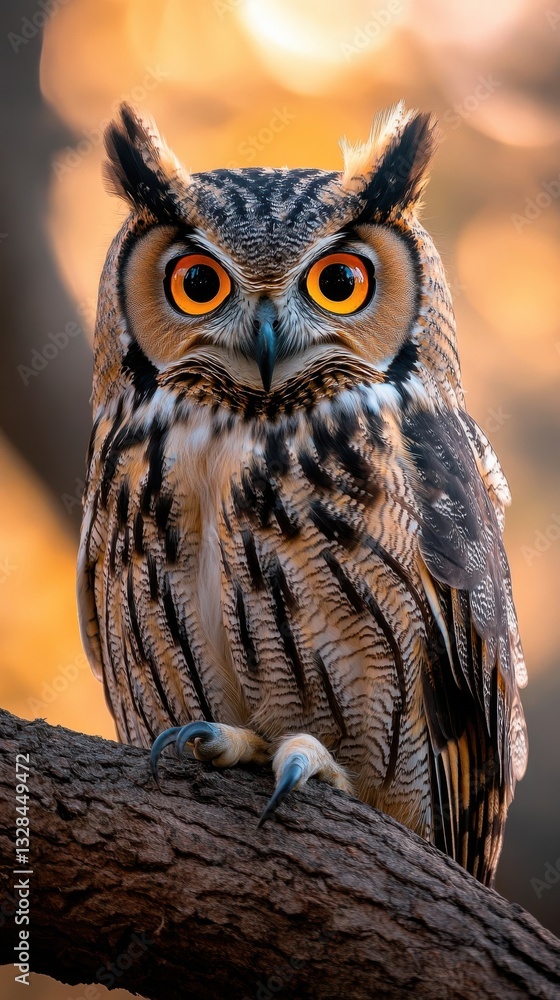 Fototapeta premium Majestic Owl Perched on Tree Branch in Sunlight