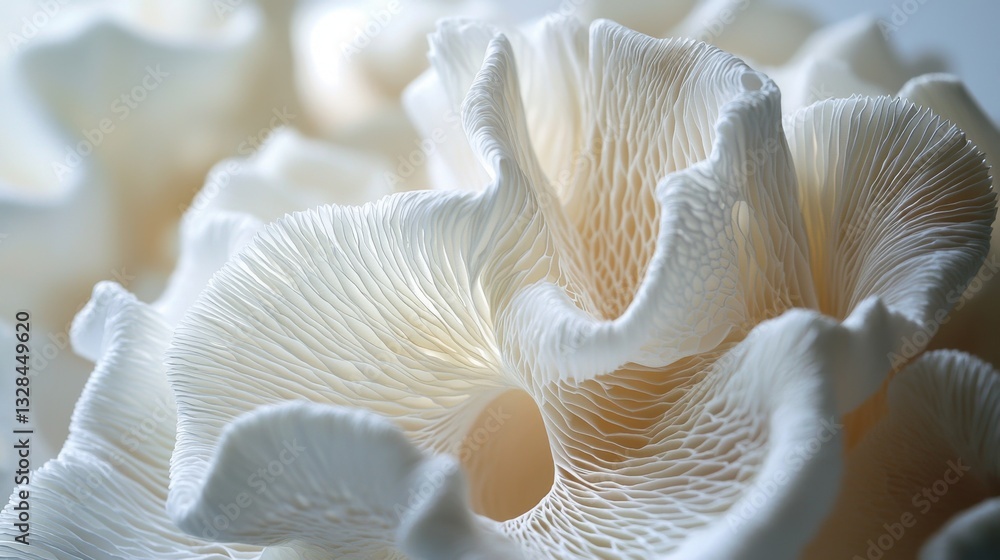 Delicate White Mushroom with Intricate Texture and Curved Layers Captured in Soft Natural Light