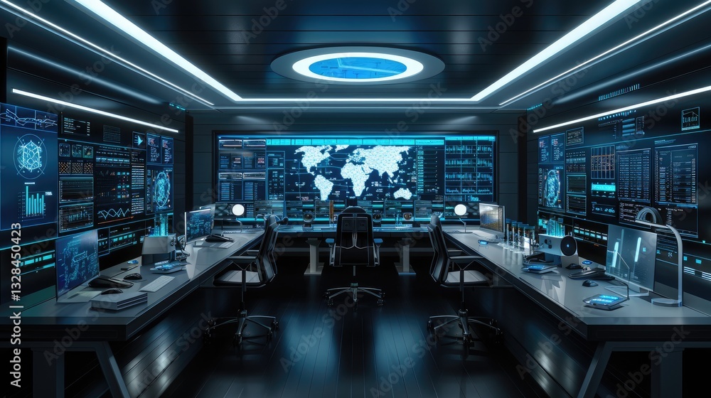 Futuristic control room with global network displays Futuristic control room with global network displays
