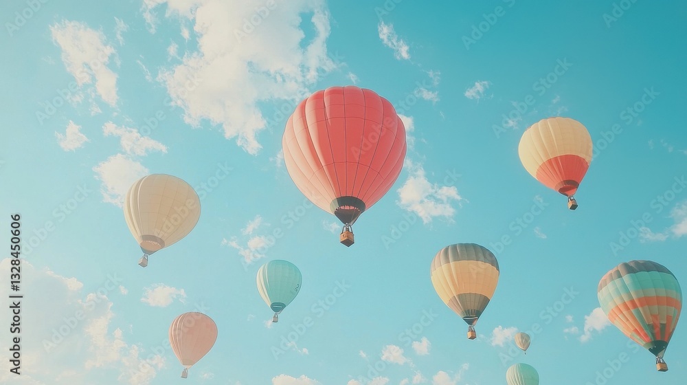 Obraz premium Colorful Hot Air Balloons Floating in a Clear Blue Sky with Soft Clouds for Joyful Adventure and Scenic Views