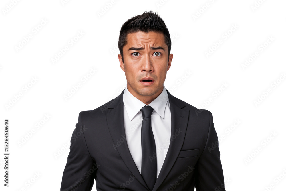 Portrait of a businessman with serious face and looking scared, isolated on transparent background Portrait of a businessman with serious face and looking scared, isolated on transparent background