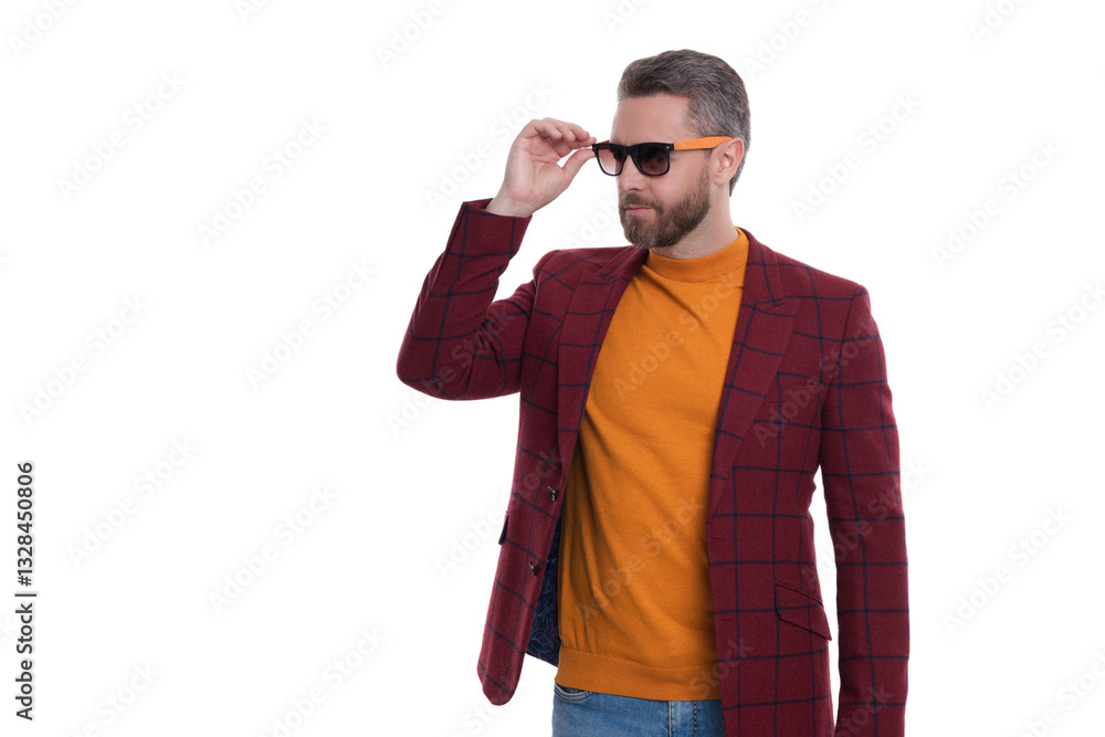 Man in business jacket and sunglasses. Mature man wear menswear fashion. Stylish and trendy. Hispanic fashion model. Stylish man in menswear isolated on white. Copy space advertisement Man in business jacket and sunglasses. Mature man wear menswear fashion. Stylish and trendy. Hispanic fashion model. Stylish man in menswear isolated on white. Copy space advertisement