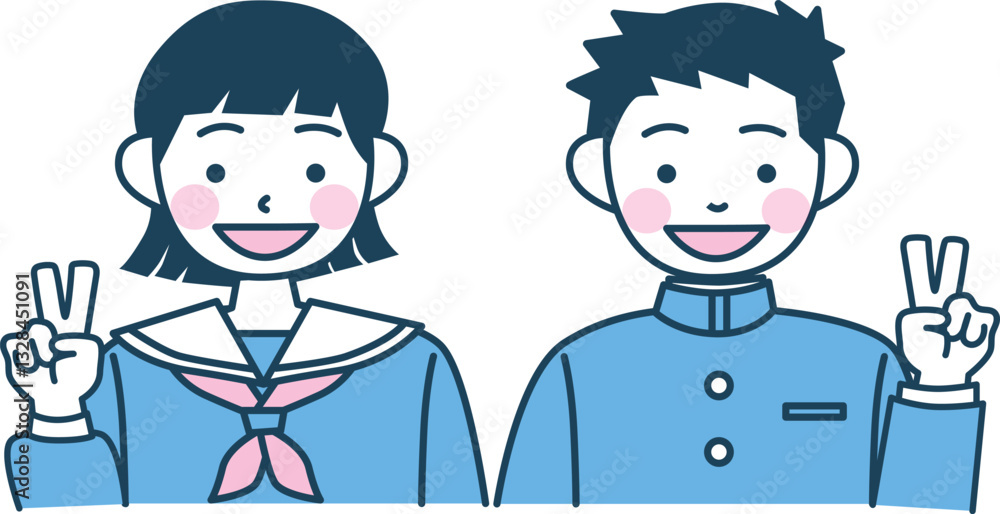 Naklejka premium 笑顔でピースする学生たちのベクターイラスト
