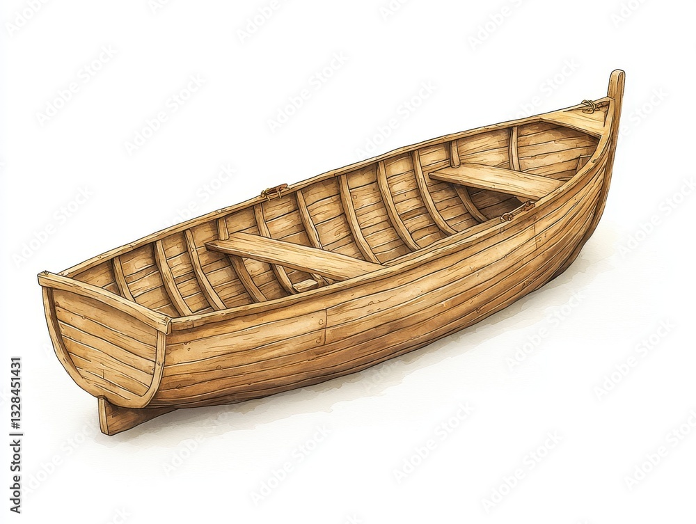 Handcrafted Wooden Rowboat with Traditional Design and Detailed Grain Pattern on Isolated Background Handcrafted Wooden Rowboat with Traditional Design and Detailed Grain Pattern on Isolated Background
