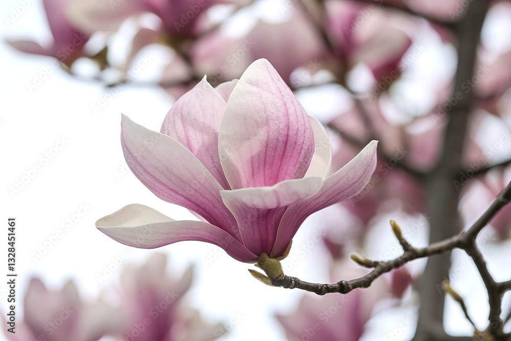 Obraz premium a close-up shot of one pink flower on a branch of a blooming magnolia