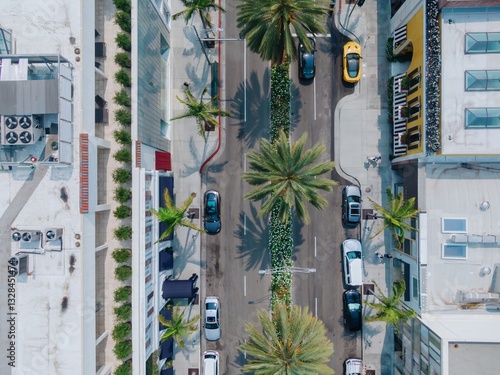 Aerial view of Rodeo Drive in Beverly Hills, California, USA. Cars drive along the street lined with palm trees and luxury boutiques. Tourists stroll the sidewalks.