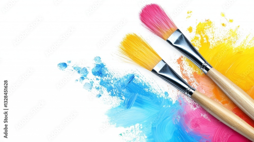 Obraz premium Vibrant paint splatters and brushes on a pristine white canvas, colorful artistic background