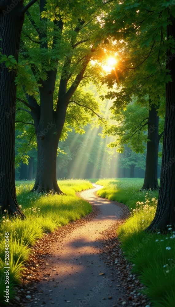 Fototapeta premium Sunlit winding path, vibrant trees, nature park , scenery, flowers