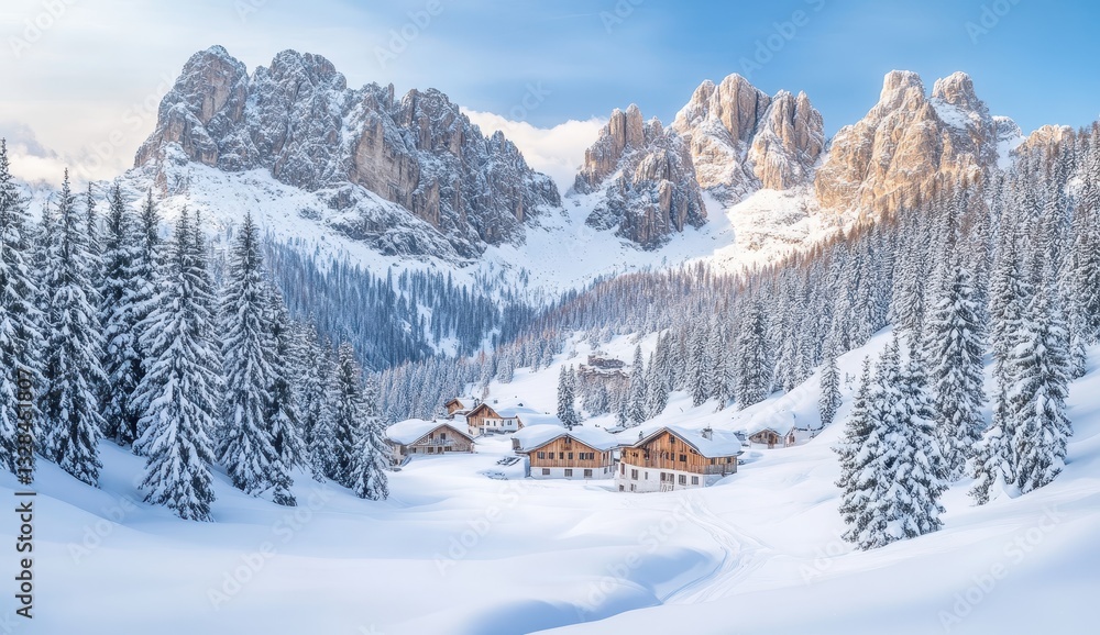 Fototapeta premium Serene Winter Landscape with Snow-Covered Mountains and Cozy Chalets in an Idyllic Alpine Setting Under a Clear Blue Sky
