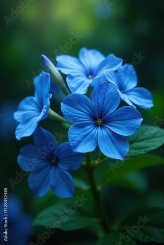 Velvet blue blossoms, lush greenery, dramatic lighting, mystery, dramatic lighting, macro photography