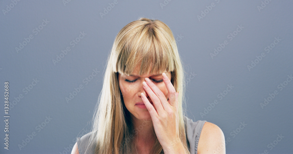 Sad, crying and woman with stress in studio, mental health crisis or broken heart with trauma. Unhappy face, anxiety and female person with depression, abuse and bad news on gray background space Sad, crying and woman with stress in studio, mental health crisis or broken heart with trauma. Unhappy face, anxiety and female person with depression, abuse and bad news on gray background space