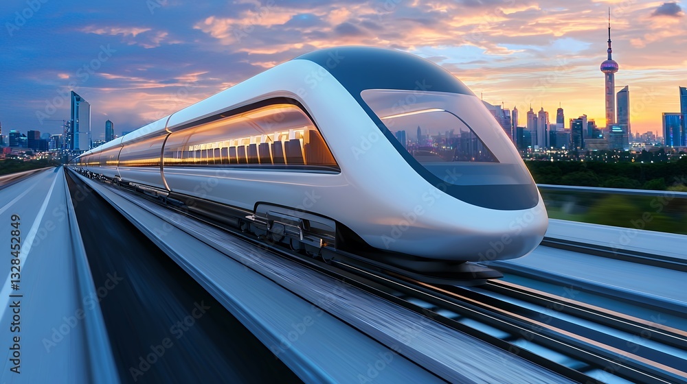 Fototapeta premium High Speed Train at Sunset in Modern City