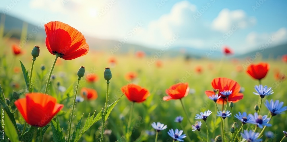 Vibrant poppy and cornflower meadow, summer bloom , flora, poppies, green Vibrant poppy and cornflower meadow, summer bloom , flora, poppies, green
