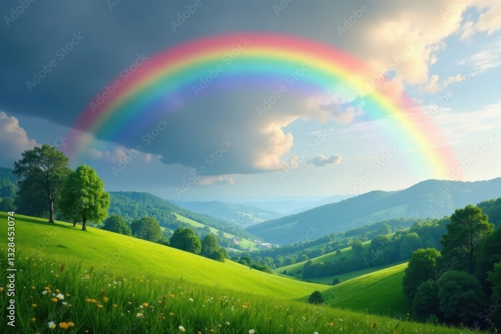 Vibrant rainbow arching over lush green valley, light, sunlight Vibrant rainbow arching over lush green valley, light, sunlight