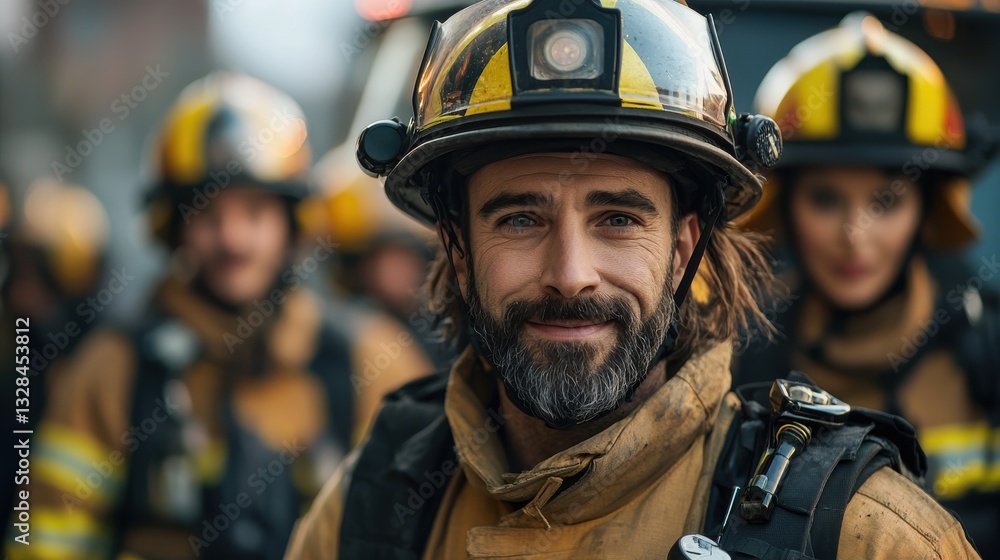 Confident firefighter smiling proudly in uniform amidst colleagues with equipment during emergency response training session Confident firefighter smiling proudly in uniform amidst colleagues with equipment during emergency response training session