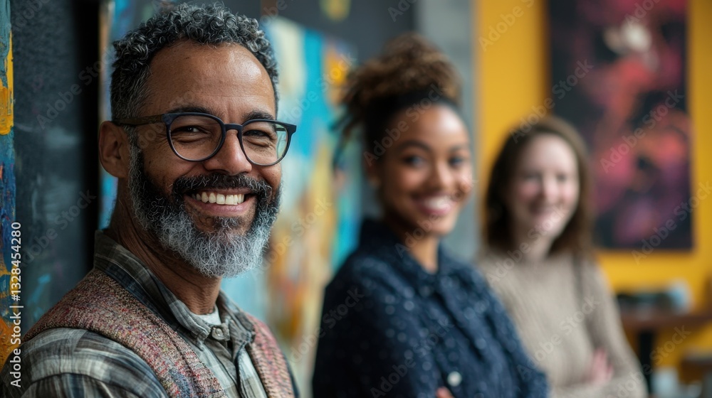 Diverse group of smiling friends with casual attire enjoying time together in modern creative environment Diverse group of smiling friends with casual attire enjoying time together in modern creative environment