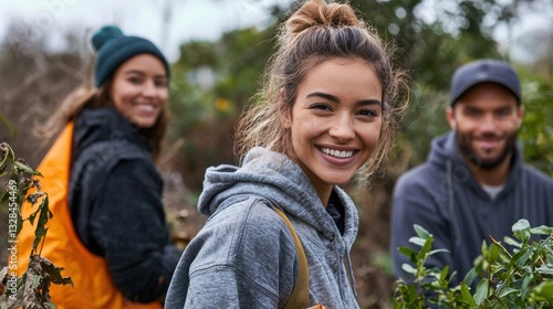 Outdoor Gardening Collaboration with Diverse Team Smiling and Working Together in Nature
