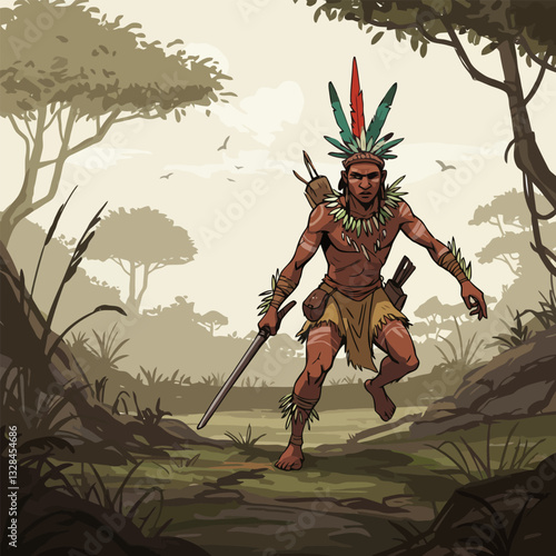 Warrior Advancing with Spear in Dense Tropical Forest Illustration