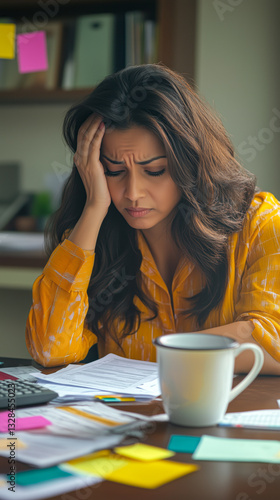Stressed South Asian Businesswoman Holding Her Head Over Tax Documents