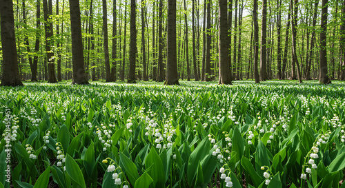 Picking lilies of the valley in the spring forest, Expansive field of blooming lily of the valley flowers in a sunlit forest, reflecting the beauty of spring