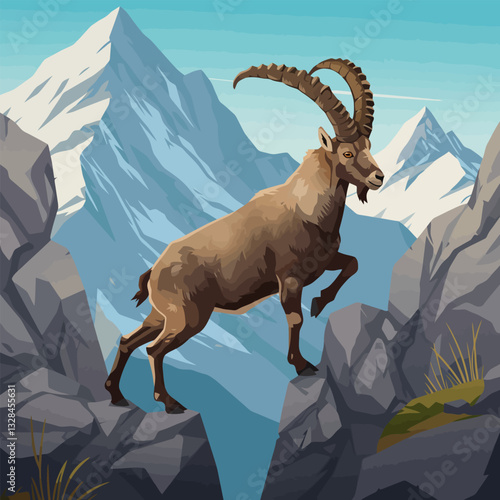 Ibex Climbing on Rocky Terrain with Snow-capped Mountains in the Background