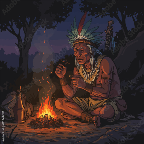 Man Seated by Campfire Preparing Pipe in Forest Scene