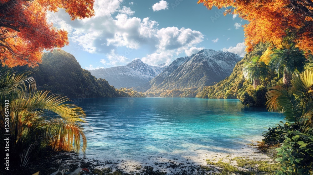 Autumnal lake, snow-capped mountains, tropical plants, peaceful scene, nature background Autumnal lake, snow-capped mountains, tropical plants, peaceful scene, nature background