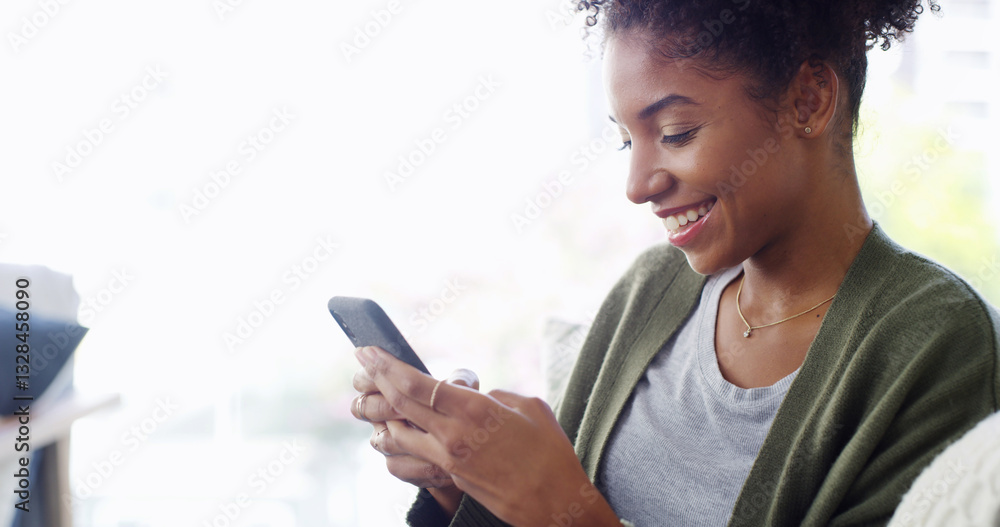 Smile, phone and black woman in home online for relax, streaming show and reading blog. Mobile, living room and girl on chat app for communication, social media post and download game on internet Smile, phone and black woman in home online for relax, streaming show and reading blog. Mobile, living room and girl on chat app for communication, social media post and download game on internet