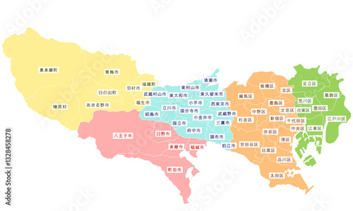 地図_東京都境界線色分け文字あり