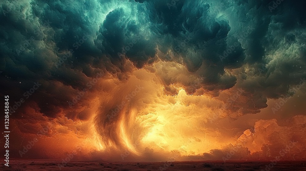 Obraz premium Dramatic Sky with Vibrant Orange and Blue Cloud Patterns During Sunset in a Desert Landscape