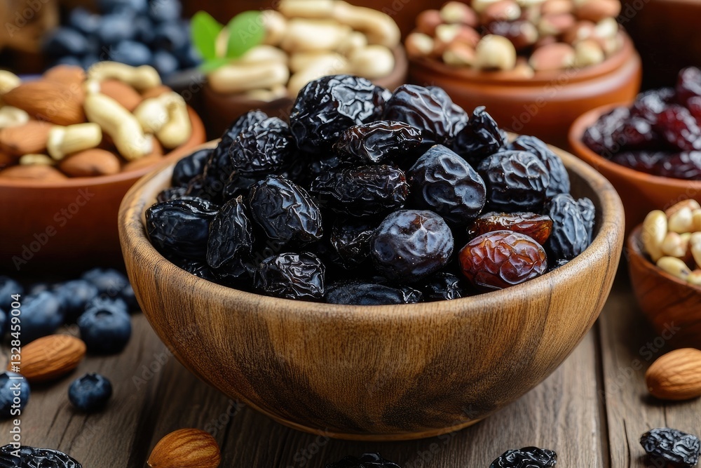 Dried plums in wooden bowl, surrounded by nuts and berries Dried plums in wooden bowl, surrounded by nuts and berries
