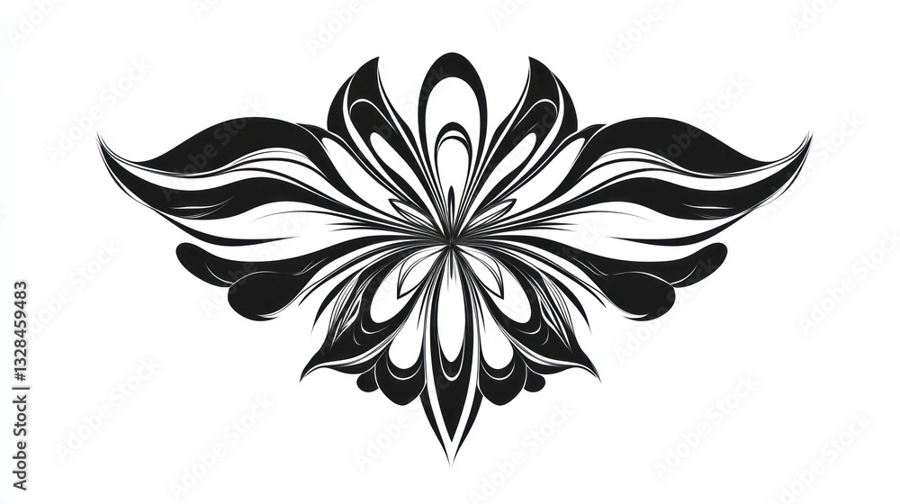 Obraz premium Abstract black floral design, winged element, white background, decorative art, design element