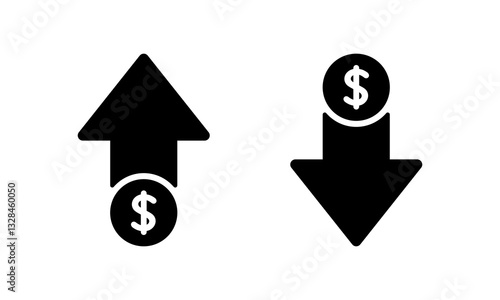 Dollar price up and down icon isolated on white background. USD coin growth and decline sign symbol