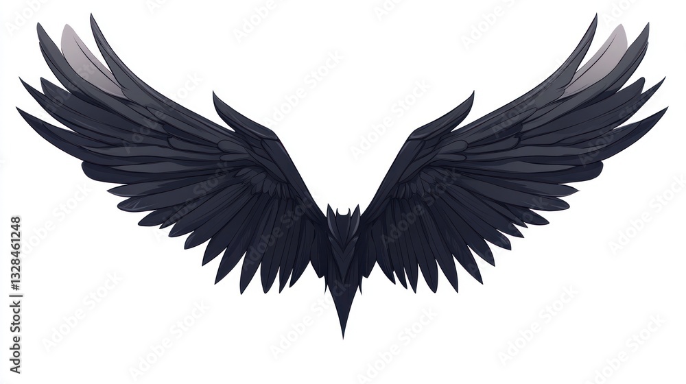 Obraz premium Dark angel wings spread, isolated white background, fantasy art, graphic design element
