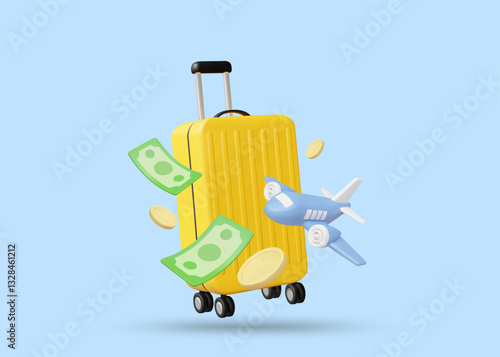 3D Vector Illustration Render Icon of Suitcase, Banknotes, Coins and Airplane. Pre-Travel Budget Planning Concept, Tourism, Money Management, International Travel, Long Distance Trip.