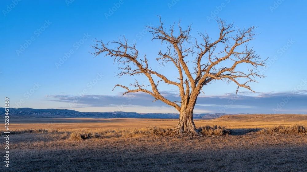 A solitary tree stands in a vast empty landscape under the sky A solitary tree stands in a vast empty landscape under the sky