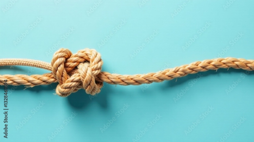 A tightly bound rope knot, a symbol of connection and resilience, elegantly displayed against a serene light blue background. A tightly bound rope knot, a symbol of connection and resilience, elegantly displayed against a serene light blue background.
