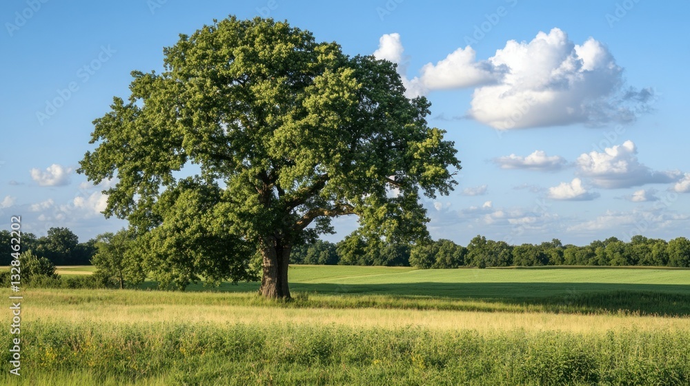 A solitary large tree stands in an open grassy field A solitary large tree stands in an open grassy field