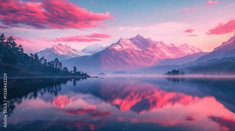 Obraz premium Serene Sunrise Over Majestic Mountain Reflected in Lake