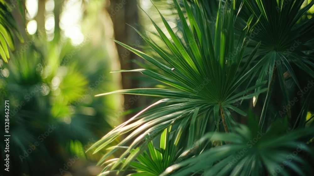 Lush green palm leaves illuminated by bright sunlight outdoors Lush green palm leaves illuminated by bright sunlight outdoors