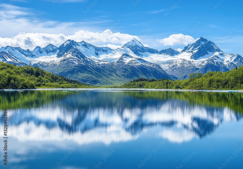 Naklejka premium Stunning Mountain Landscape with Snow-Capped Peaks Reflecting in Calm Blue Lake Under Clear Sky and Lush Green Forest in Scenic Wilderness