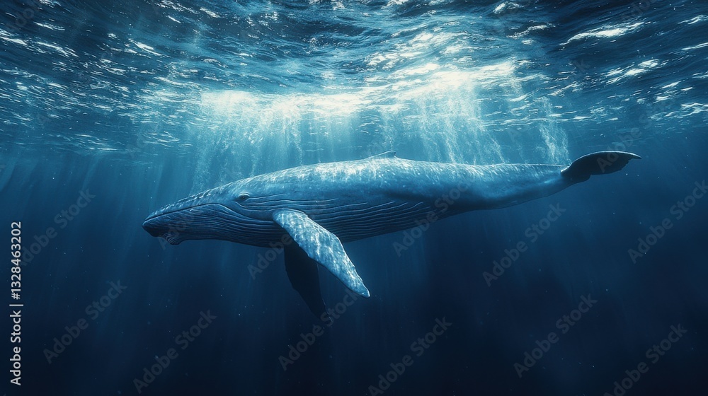 Fototapeta premium Majestic Whale Swimming Gracefully Beneath Sunlit Ocean Waters in Serene Deep Blue Environment