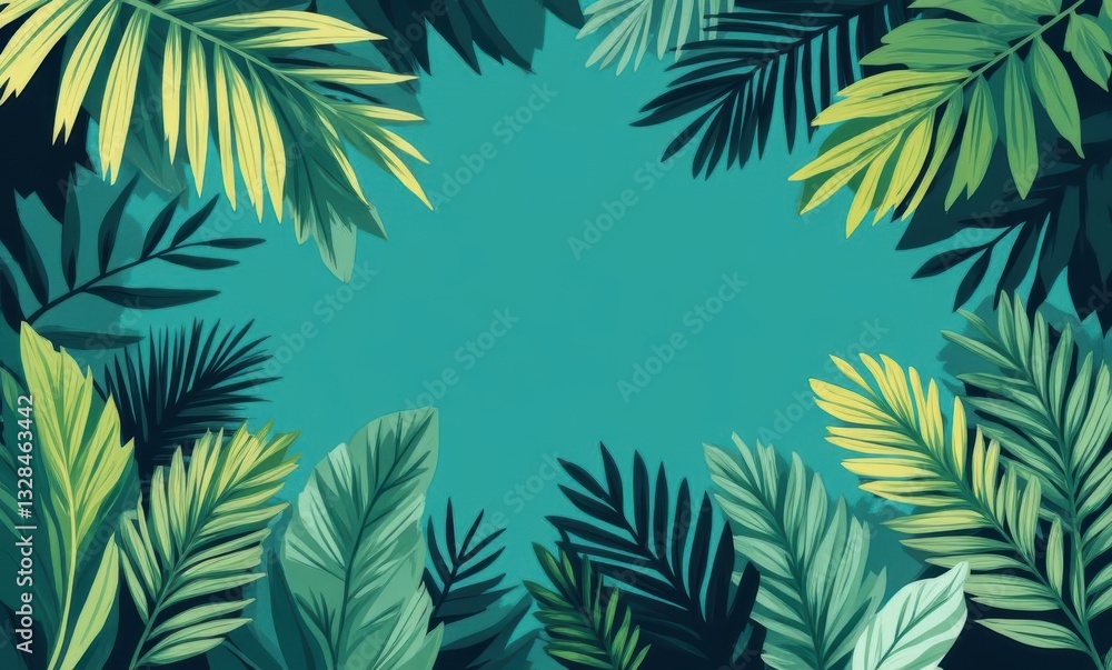 Tropical leaves frame a serene scene Tropical leaves frame a serene scene