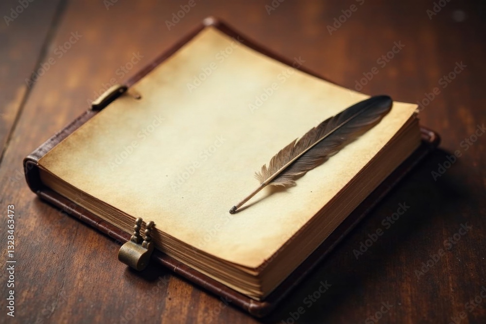 A Leather-Bound Journal with Aged Pages and a Single Quill Pen Resting Upon Its Open Pages, Ready for the Next Chapter to be Written A Leather-Bound Journal with Aged Pages and a Single Quill Pen Resting Upon Its Open Pages, Ready for the Next Chapter to be Written