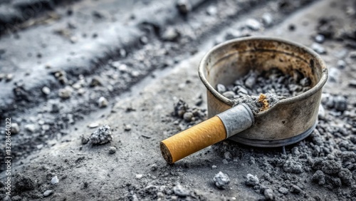A discarded cigarette rests near a weathered ashtray overflowing with ash on a gravelly surface