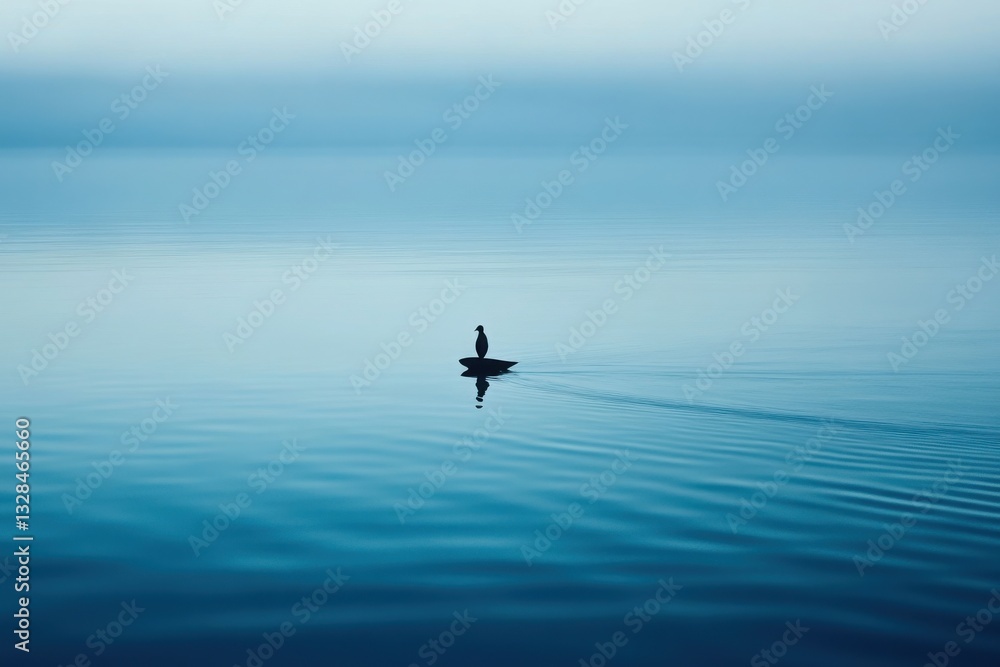 Fototapeta premium A Solitary Bird Perched On A Tiny Rock In The Vast, Tranquil Ocean Under A Serene, Pale Sky
