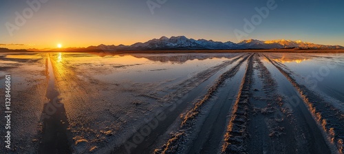 Stunning sunrise over a tranquil salt flat with reflecting mountains, showcasing a peaceful road leading to nature's vibrant colors and serene landscape